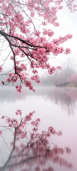 serene nature wallpaper — cherry blossoms, reflection, scenery, tree (free 4K phone download)