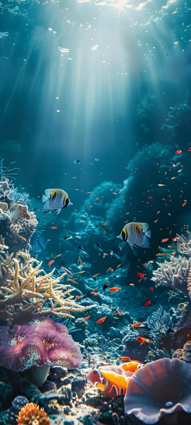 serene nature wallpaper — coral, fish, underwater, light rays (free 4K phone download)