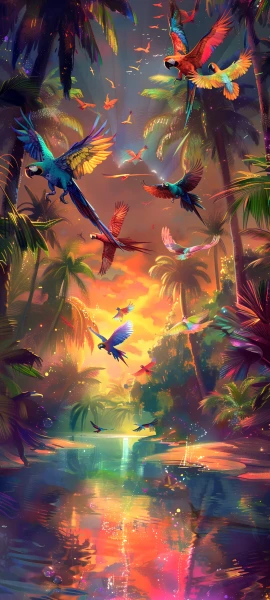colorful nature wallpaper — bird, palm tree, tree, sunset (free 4K phone download)