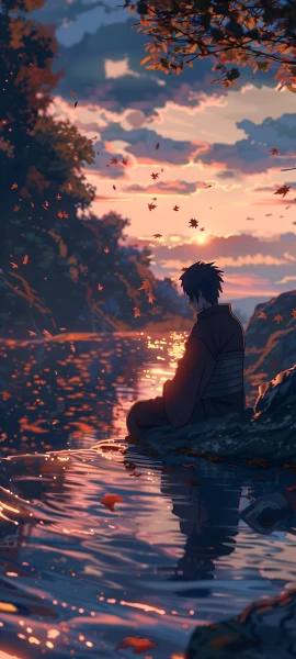 serene anime boy wallpaper — male focus, leaf, japanese clothes (free 4K phone download)