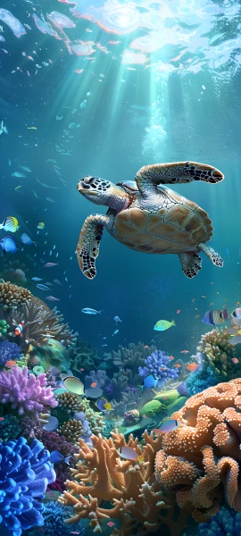 funny nature wallpaper — turtle, underwater, coral, fish (free 4K phone download)