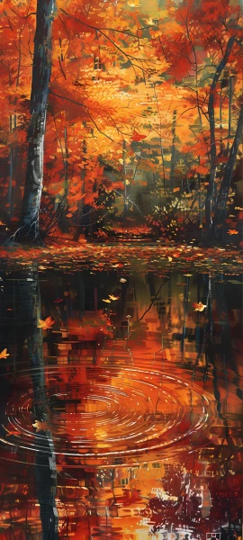 painterly anime girl wallpaper — autumn leaves, scenery, tree, reflection (free 4K phone download)