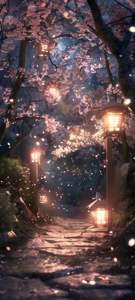 romantic nature wallpaper — scenery, tree, cherry blossoms, lantern (free 4K phone download)