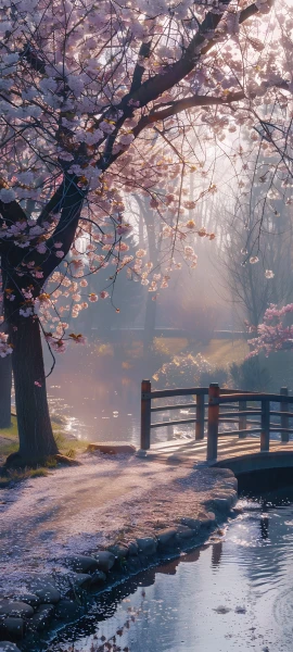 serene nature wallpaper — scenery, tree, cherry blossoms, reflection (free 4K phone download)