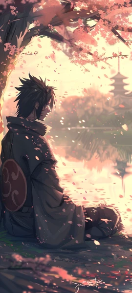 epic anime boy wallpaper — male focus, black hair, tree (free 4K phone download)