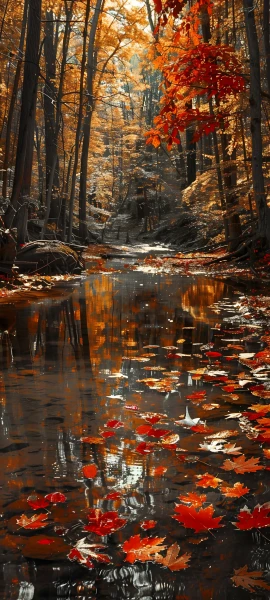 painterly nature wallpaper — autumn leaves, scenery, tree, reflection (free 4K phone download)