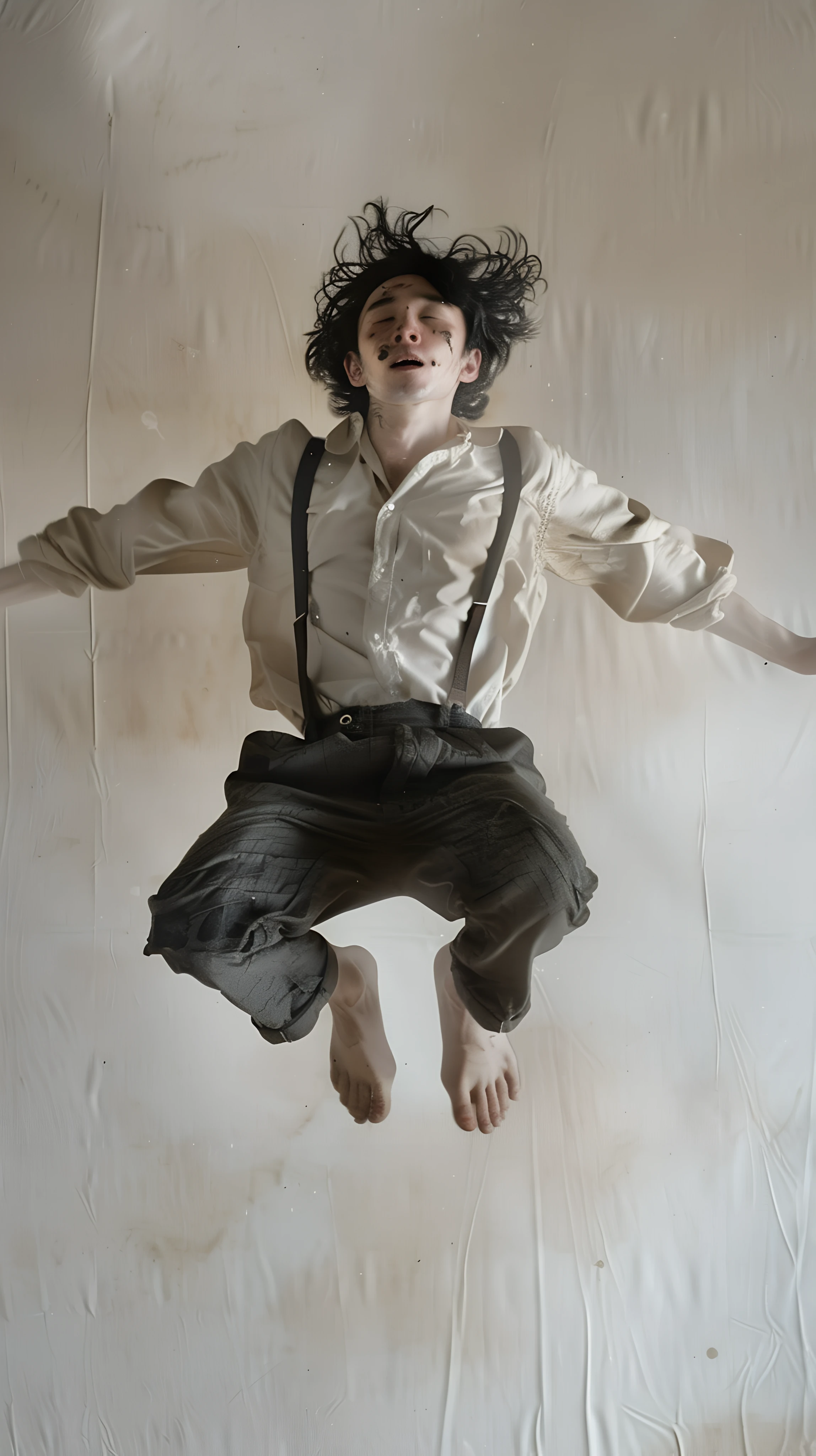 funny anime boy wallpaper — shirt, barefoot, suspenders, realistic (free 4K phone download)