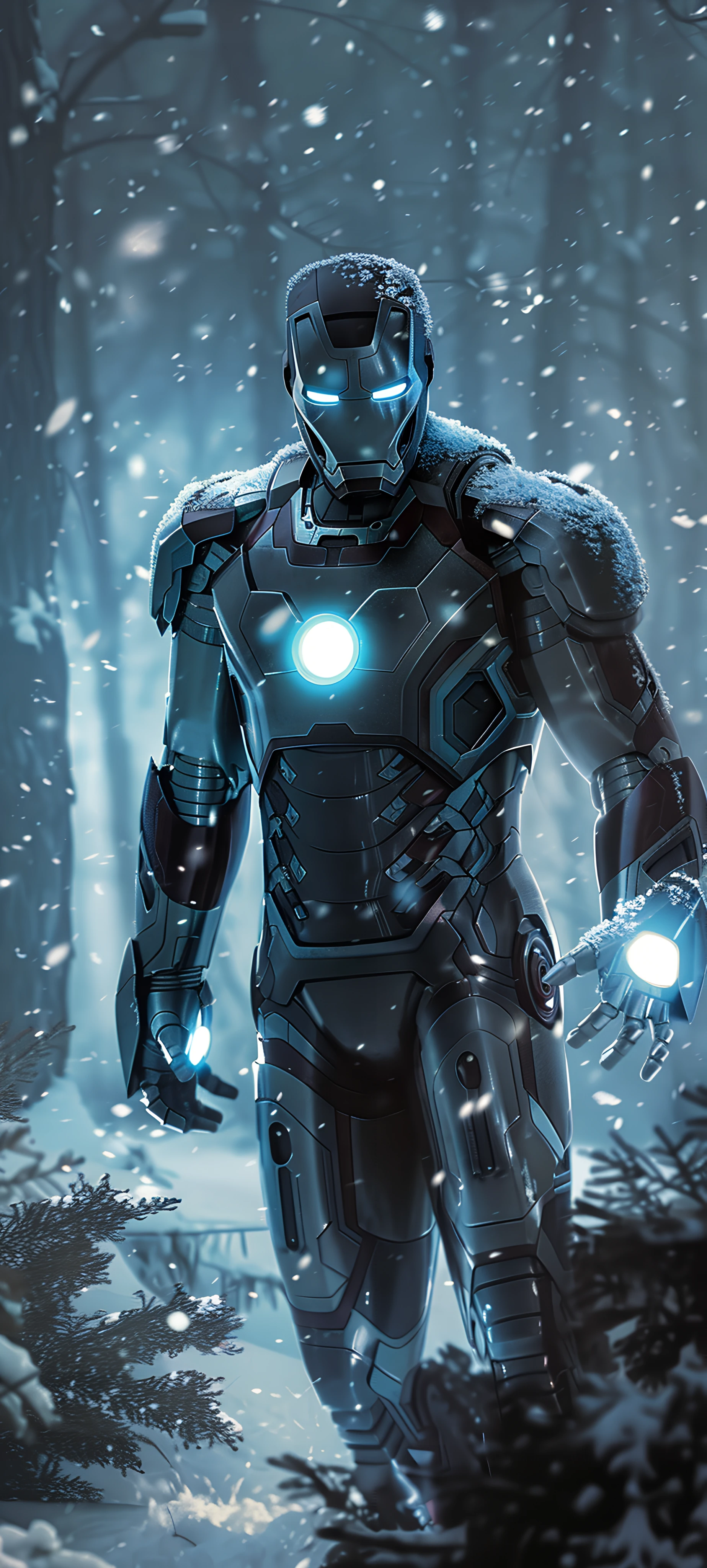 futuristic anime boy wallpaper — glowing, armor, snow (free 4K phone download)