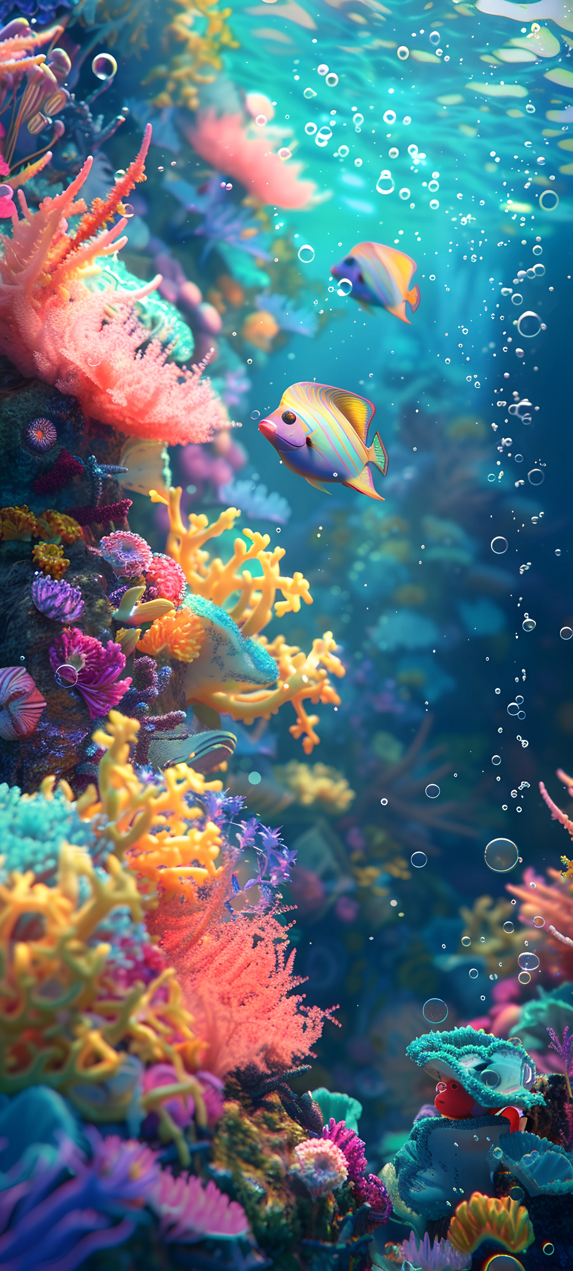 colorful nature wallpaper — coral, underwater, fish, bubble (free 4K phone download)