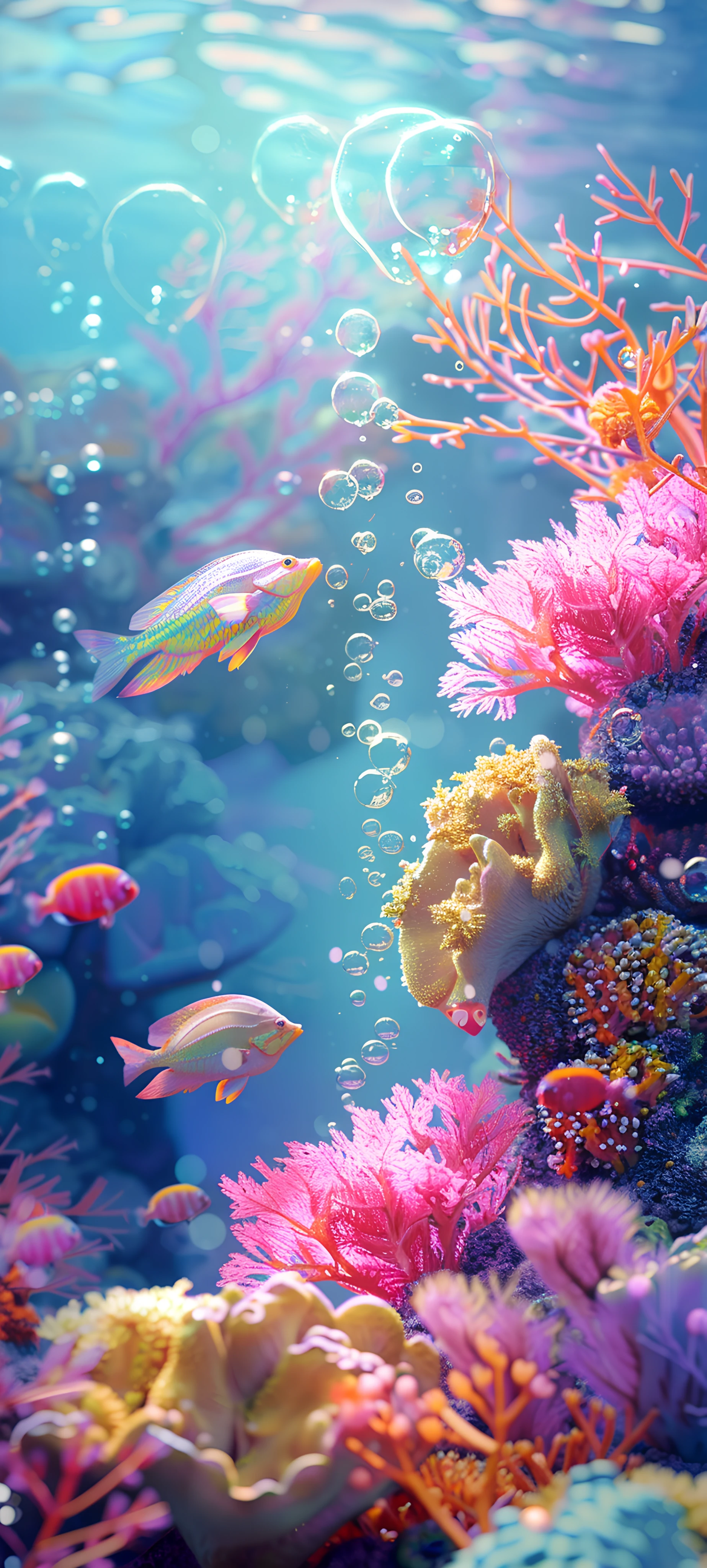 colorful nature wallpaper — coral, bubble, underwater, fish (free 4K phone download)