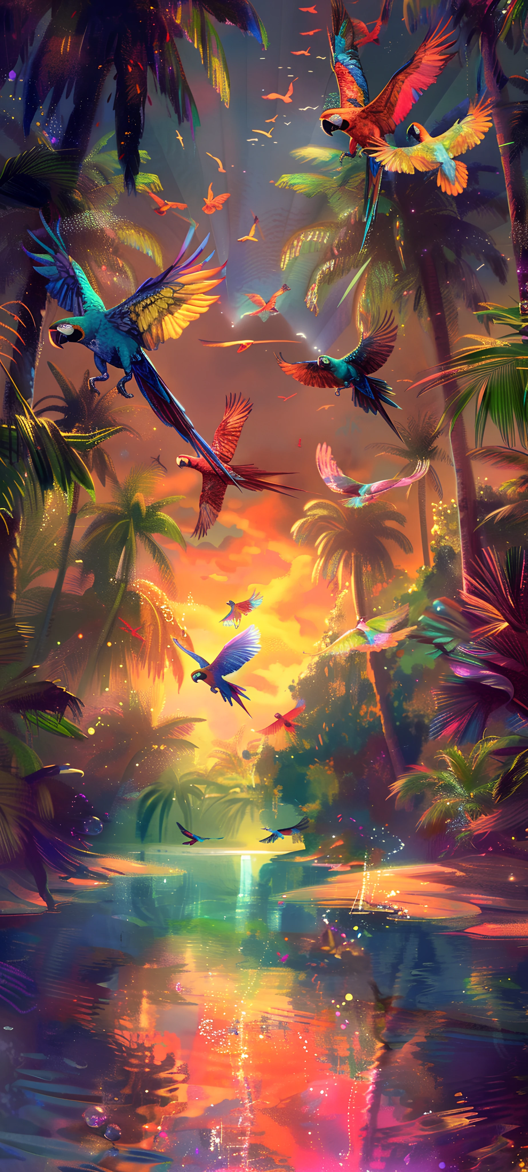 colorful nature wallpaper — bird, palm tree, tree, sunset (free 4K phone download)