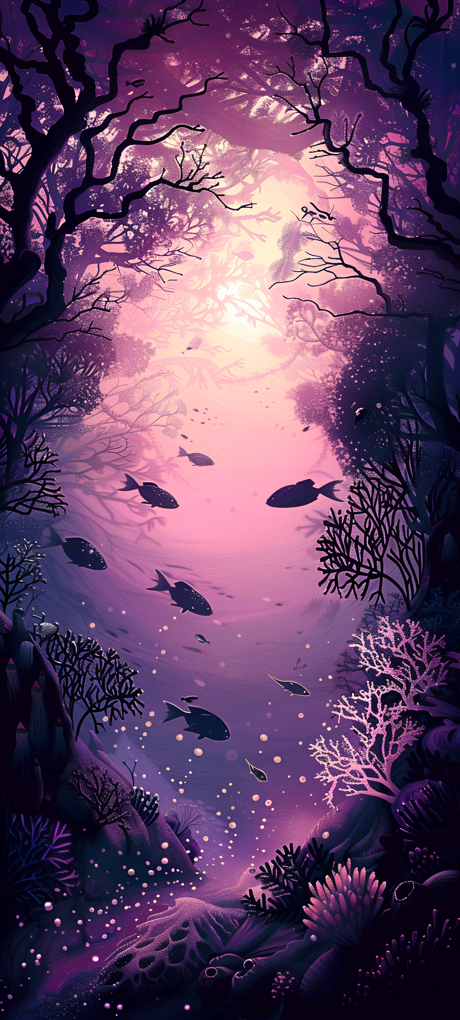 dreamy nature wallpaper — scenery, fish, tree, coral (free 4K phone download)