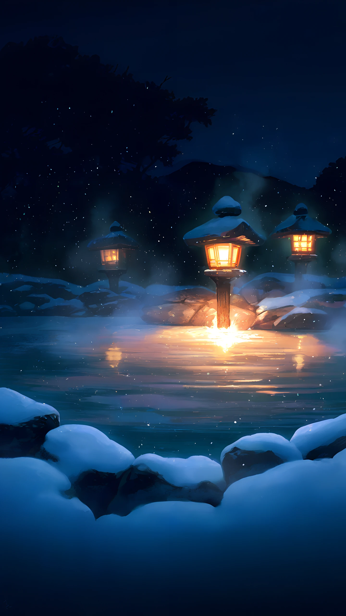 Anime Wallpaper Onsen Hot Spring Night 1440×2560 anime wallpaper