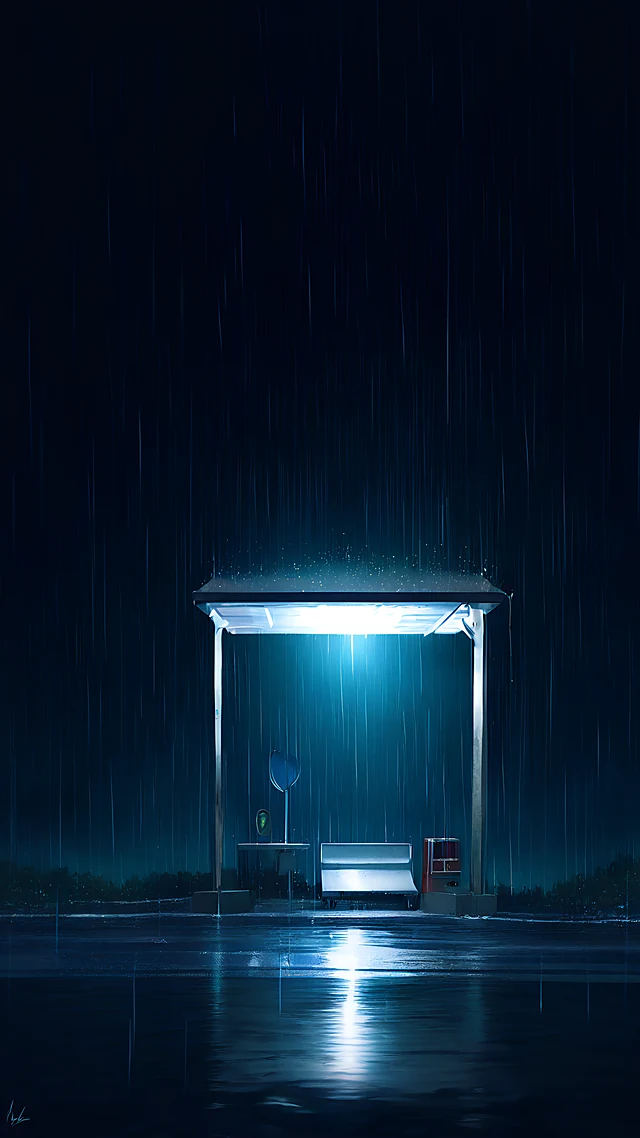 anime wallpaper rainy bus stop night — 1440×2560