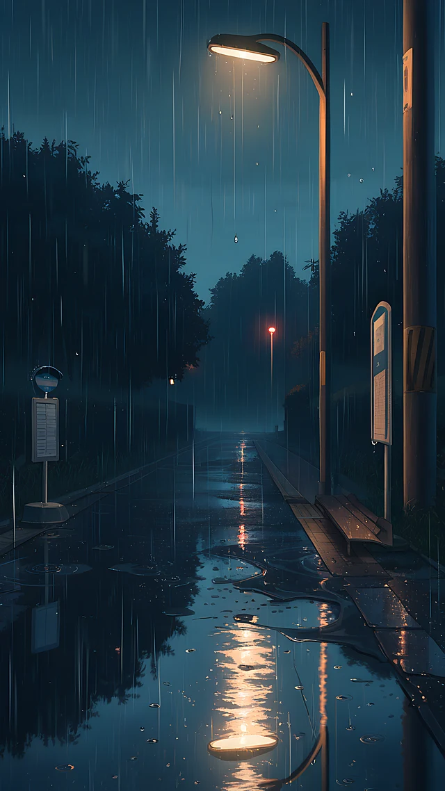 anime wallpaper rainy bus stop night — 1440×2560