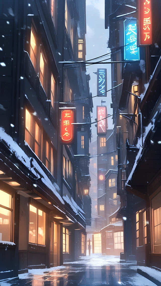 anime wallpaper snowy street night — 1440×2560