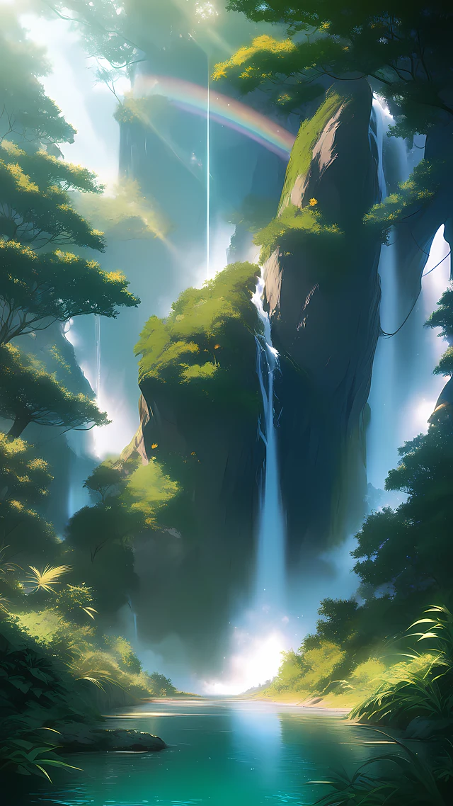 anime wallpaper waterfall rainbow — 1440×2560