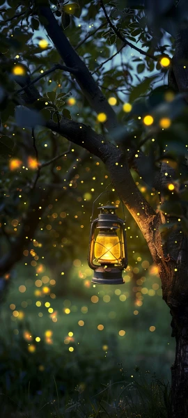 magical seasons wallpaper — lantern, tree, fireflies, scenery (free 4K phone download)