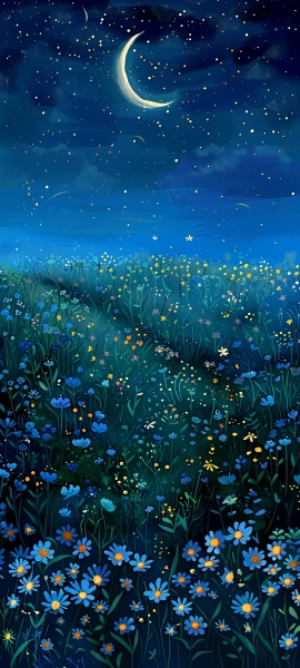 whimsical seasons wallpaper — crescent moon, flower, moon, field (free 4K phone download)