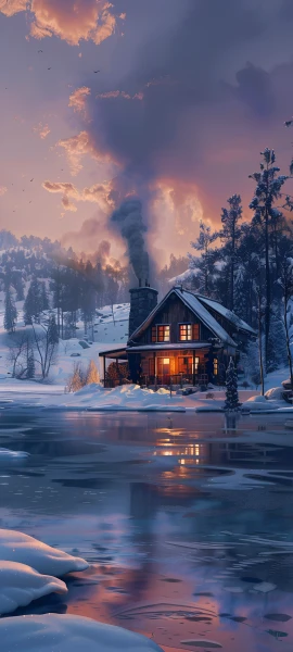 cozy seasons wallpaper — scenery, tree, house, smoke (free 4K phone download)
