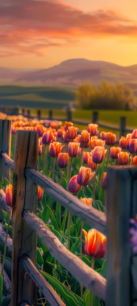 romantic seasons wallpaper — flower, scenery, fence, tulip (free 4K phone download)