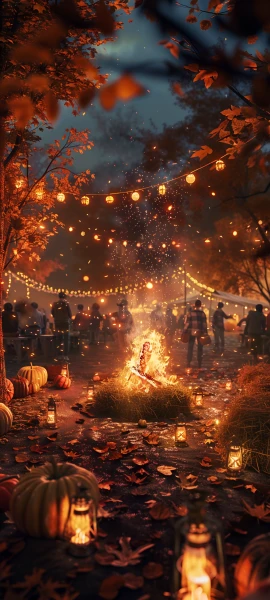 cozy anime girl wallpaper — lantern, night, autumn leaves, tree (free 4K phone download)