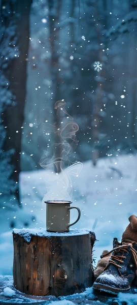 cozy seasons wallpaper — snow, snowing, cup, snowflakes (free 4K phone download)