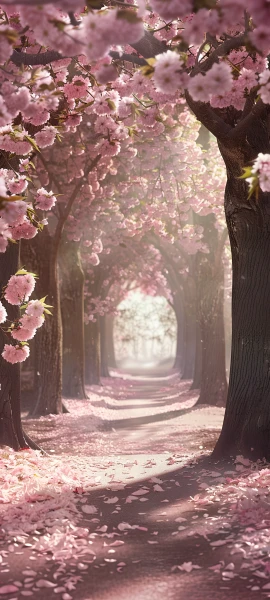 whimsical seasons wallpaper — cherry blossoms, tree, scenery, petals (free 4K phone download)