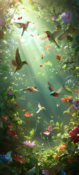 whimsical seasons wallpaper — flower, bird, sunlight, purple flower (free 4K phone download)