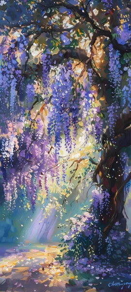 painterly seasons wallpaper — wisteria, flower, sunlight, tree (free 4K phone download)