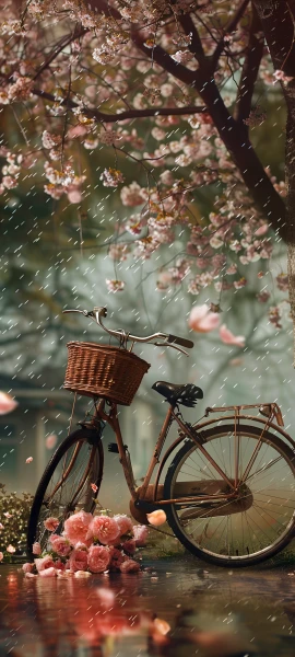 whimsical seasons wallpaper — bicycle, bicycle basket, cherry blossoms, flower (free 4K phone download)