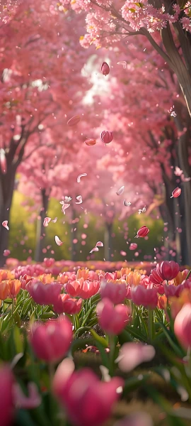 whimsical seasons wallpaper — flower, tree, petals, scenery (free 4K phone download)
