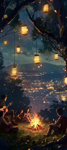 romantic seasons wallpaper — night, tree, lantern, instrument (free 4K phone download)