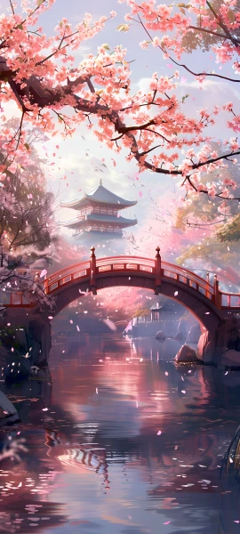 serene seasons wallpaper — scenery, bridge, cherry blossoms, architecture (free 4K phone download)