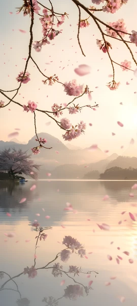 serene seasons wallpaper — scenery, cherry blossoms, petals, reflection (free 4K phone download)