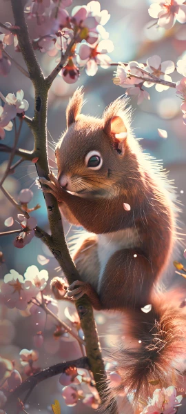 cute seasons wallpaper — animal, branch, animal focus, cherry blossoms (free 4K phone download)