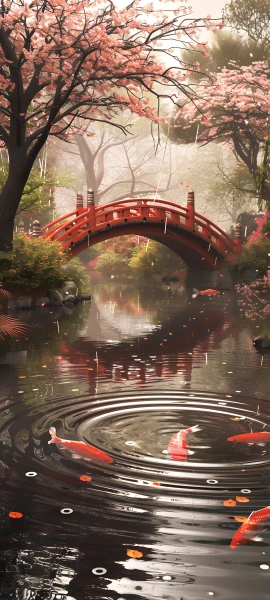 serene seasons wallpaper — scenery, tree, koi, bridge (free 4K phone download)