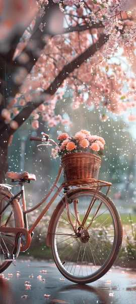 whimsical seasons wallpaper — bicycle, cherry blossoms, bicycle basket, flower (free 4K phone download)