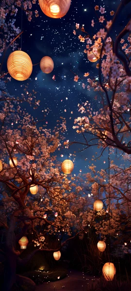 dreamy seasons wallpaper — scenery, tree, sky, lantern (free 4K phone download)