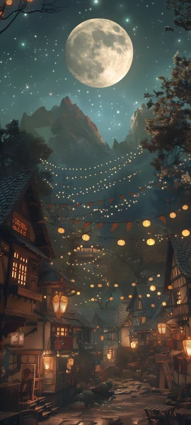 magical seasons wallpaper — lantern, moon, night, scenery (free 4K phone download)