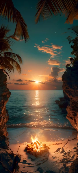 serene seasons wallpaper — sky, ocean, scenery, campfire (free 4K phone download)