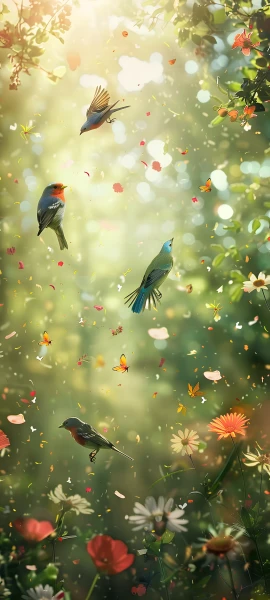 whimsical seasons wallpaper — bird, flower, bug, sunlight (free 4K phone download)