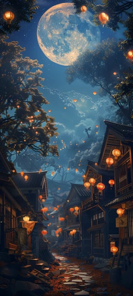 dreamy seasons wallpaper — moon, lantern, scenery, sky (free 4K phone download)