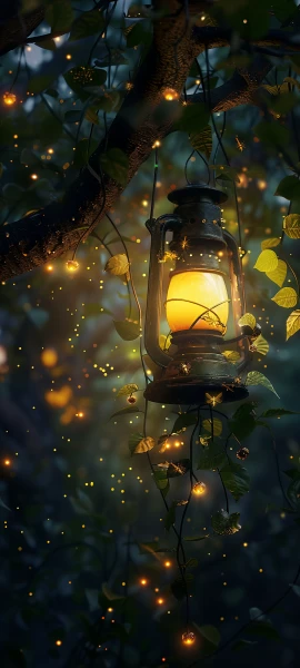 whimsical seasons wallpaper — lantern, leaf, fireflies, plant (free 4K phone download)
