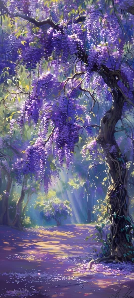 painterly seasons wallpaper — flower, tree, wisteria, scenery (free 4K phone download)