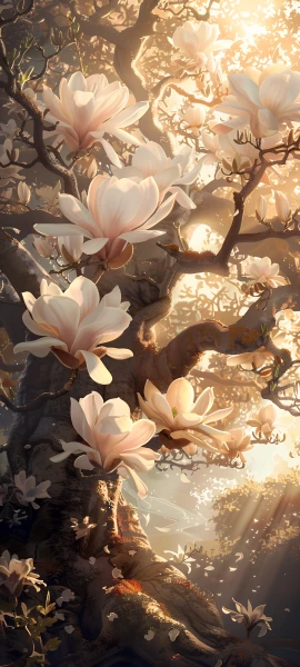 painterly seasons wallpaper — flower, tree, sunlight, white flower (free 4K phone download)
