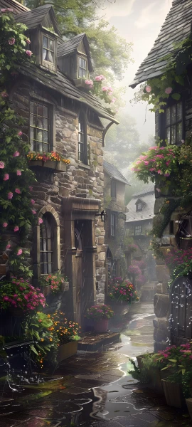 whimsical seasons wallpaper — scenery, flower, building, plant (free 4K phone download)