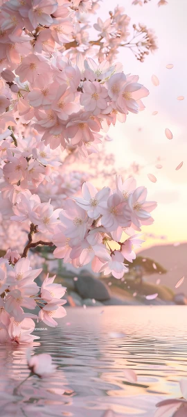 pastel seasons wallpaper — cherry blossoms, scenery, petals, reflection (free 4K phone download)