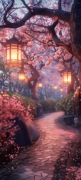 dreamy seasons wallpaper — tree, scenery, cherry blossoms, lantern (free 4K phone download)