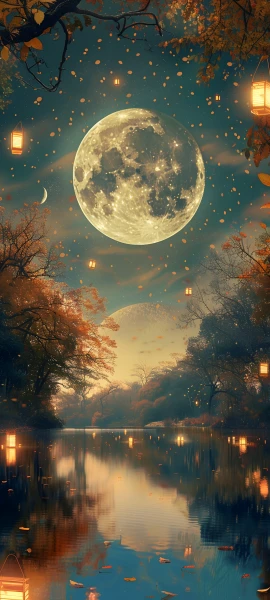 dreamy seasons wallpaper — moon, reflection, lantern, scenery (free 4K phone download)